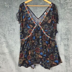 Womens Top 2X Black Boho Embroidered Hippie Peasant Festival Babydoll Floral